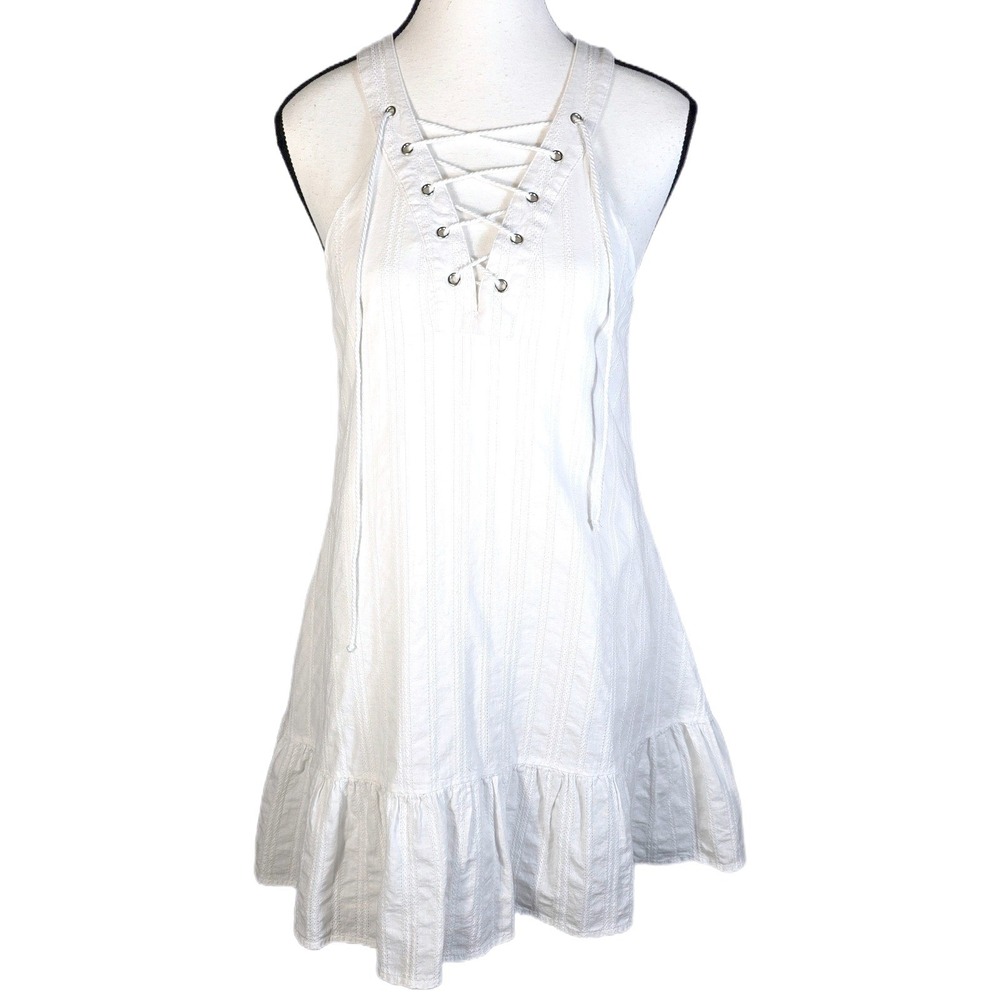 J.O.A. Los Angeles White Dress S Cotton Lace Up Halter Ruffle Mini Boho Summer